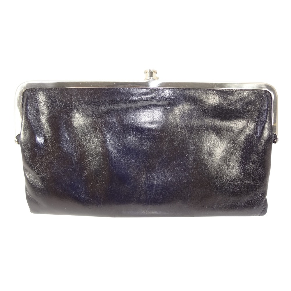 HOBO Lauren Double Frame Clutch Wallet Black Leather Floral Lining Kiss Lock
